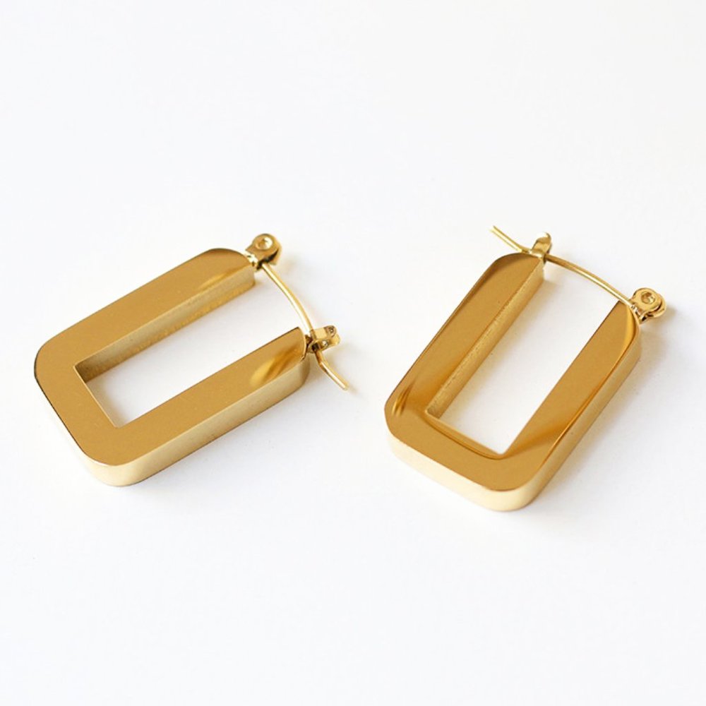 Square U-Shape Hoop Earrings PVD 18K Gold Plated Stainless Steel - Picture 9 of 10